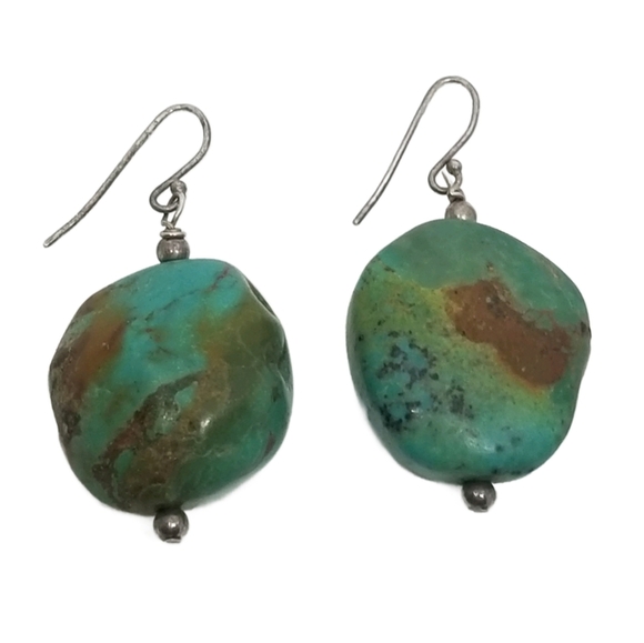 VINTAGE GENUINE TURQUOISE CHUNK & STERLING SILVER HOOK DROP EARRINGS - Picture 3 of 4